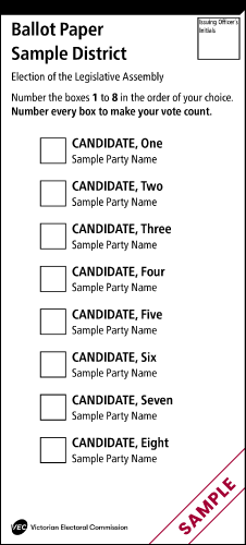 Sample Victorian Legislative Assembly (Lower House) ballot paper, showing a single column of candidates each with an empty numbered box, headed 'Number every box to make your vote count.'